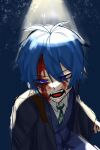  1boy akutoku_no_judgement_(vocaloid) bags_under_eyes black_robe bleeding_from_forehead blood blood_in_hair blood_on_face blue_background blue_eyes blue_hair collared_shirt evillious_nendaiki fangs frown gallerian_marlon glowing glowing_eyes half-closed_eyes highres judge kaito_(vocaloid) light_rays open_clothes open_mouth open_robe pale_skin ratchetlovelove red_pupils robe shirt spotlight vocaloid white_shirt 
