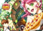  1boy 2girls apple black_hair bottle brown_hair flower food fruit green_eyes jesse_(kakiclover) leaf looking_at_viewer medium_hair multiple_girls open_mouth original pie pink_hair short_hair smile white_flower 