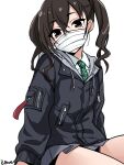  1girl artist_name black_hair black_hoodie bow breasts brown_eyes green_necktie grey_skirt hair_between_eyes hair_bow hood hood_down hoodie idolmaster idolmaster_cinderella_girls idolmaster_cinderella_girls_starlight_stage long_hair long_sleeves looking_at_viewer mask medium_breasts mole mole_under_eye mouth_mask necktie pleated_skirt ruo_(cruzada) shirt signature simple_background sitting skirt solo striped_necktie sunazuka_akira surgical_mask twintails white_background white_shirt 