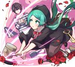  1boy 1girl absurdres aqua_eyes aqua_hair black_headwear blue_hair blush boots brown_footwear brown_hair character_name closed_mouth collar collared_shirt cuffs gavel hammer handcuffs hatsune_miku highres holding holding_hammer holding_phone key long_hair looking_at_viewer master_(vocaloid) neck_ribbon oop pantyhose parted_lips phone prison_clothes red_footwear red_ribbon ren&#039;ai_saiban_(vocaloid) ribbon shirt shoes twintails vocaloid yellow_eyes 