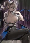  1girl absurdres arias_the_labrynth_butler blue_eyes breasts butler cleavage crossed_legs demon_girl demon_horns demon_wings duel_monster female_butler grey_hair highres horns large_breasts monocle open_clothes open_shirt pointy_ears ro_g_(oowack) solo wings yu-gi-oh! 