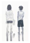  1boy 1girl bottle from_behind greyscale highres holding holding_bottle kgeroua medium_hair monochrome original sandals scratching_ass shadow shirt shoes short_hair short_sleeves shorts socks tank_top water_bottle 