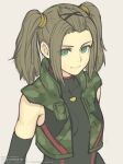  1girl bangs_pinned_back black_bodysuit bodysuit breasts brown_background brown_hair closed_mouth commentary forehead gofelem green_eyes green_vest looking_at_viewer open_clothes open_vest shania_(xenoblade) simple_background small_breasts smile solo twintails unfinished upper_body vest watermark web_address xenoblade_chronicles_(series) xenoblade_chronicles_3 