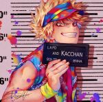  1boy absurdres bakugou_katsuki barbie_mugshot_(meme) blonde_hair boku_no_hero_academia character_name dagnes_art english_text gradient_shirt grin height_mark highres holding holding_sign looking_at_viewer male_focus meme mugshot prisoner red_eyes short_hair sign smile spiked_hair upper_body 