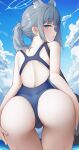  1girl animal_ear_fluff animal_ears ass ass_focus back back_cutout bag blue_archive blue_eyes blue_one-piece_swimsuit blue_sky clothing_cutout cloud day from_behind halo highres hongshi_(13234456009) leaning_forward looking_back medium_hair one-piece_swimsuit outdoors parted_lips ponytail shiroko_(blue_archive) shiroko_(swimsuit)_(blue_archive) shoulder_bag sky solo swimsuit thigh_gap wet wolf_ears 