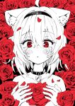  1girl absurdres ahoge animal_ear_fluff animal_ears bare_shoulders blush cat_ears cat_girl chun_1234567 collar flower hairband highres hololive looking_at_viewer nekomata_okayu parted_lips portrait red_eyes rose short_hair solo spot_color tears virtual_youtuber 