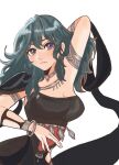  1girl 3: arm_up armlet black_dress blue_eyes blue_hair bracelet breasts byleth_(female)_(fire_emblem) byleth_(fire_emblem) chimney_(chimney0311) choker commentary dancer_(three_houses) dress fire_emblem fire_emblem:_three_houses highres jewelry large_breasts long_hair looking_at_viewer shawl simple_background single-shoulder_dress solo upper_body white_background 