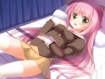  1girl :d bangs bed blush breasts brown_shirt brown_skirt buttons commentary_request emurin feet_out_of_frame green_eyes hair_between_eyes juliet_sleeves long_hair long_sleeves looking_at_viewer lying medium_breasts miniskirt on_back on_bed open_mouth original panties pink_hair pleated_skirt puffy_sleeves sailor_collar shirt skirt smile solo thighhighs underwear very_long_hair white_panties white_sailor_collar white_thighhighs 