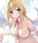  1girl angel_wings bikini blonde_hair blue_eyes blush breasts cleavage frilled_bikini frills highres karory large_breasts long_hair looking_at_viewer low_twintails neck_ribbon original red_ribbon ribbon solo swimsuit twintails twitter_username white_bikini white_wings wings 