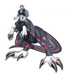  2023 5_fingers big_claws big_muscles biped biped_taur claws countershade_torso countershading digital_media_(artwork) dinosaur eyebrows finger_claws fingers fully_clothed_taur grey_body hi_res hr7777 long_claws looking_at_viewer male mammal muscular nipples pecs pink_claws pink_eyes pink_nose reptile scalie shaded simple_background snaggle_tooth solo split_form standing taur toe_claws white_background white_body white_eyebrows 