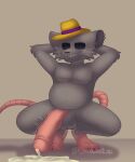  anthro balls belly_overhang big_penis black_eyes bodily_fluids chubby_male claws clothing crouching cum d-rat ear_tag ejaculation fedora feet fur genital_fluids genitals green_cat_21 grey_body grey_fur hands-free hands_behind_head hat headgear headwear hi_res huge_penis leaking_cum male mammal murid murine no_pupils pecs penis pink_feet pink_penis pink_tail rat rodent sharp_teeth slightly_chubby solo solo_focus tail teeth toe_claws toes vein veiny_penis yellow_fedora 