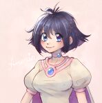  1girl amelia_wil_tesla_seyruun black_hair blue_eyes blush breasts brown_cape cape character_name choker hair_behind_ear heart impossible_clothes medium_breasts melissatea pink_background pink_choker portrait puffy_short_sleeves puffy_sleeves short_hair short_sleeves slayers smile solo star_(symbol) upper_body 
