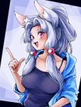  1girl :3 alternate_costume alternate_hairstyle animal_ear_fluff animal_ears blue_hoodie blush breasts camisole collarbone commentary_request curtained_hair fox_ears grey_hair half_updo hand_up highres hood hood_down hoodie index_finger_raised large_breasts looking_at_viewer natsu_tuna open_clothes open_hoodie open_mouth pink_eyes purple_background purple_camisole sidelocks sleeves_rolled_up slit_pupils smile solo touhoku_itako upper_body voiceroid 