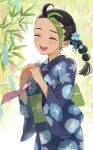  black_hair blue_kimono closed_eyes floral_print flower furukawa_raku green_hair hair_flower hair_ornament highres japanese_clothes kimono multicolored_hair nemona_(pokemon) obi pokemon pokemon_(game) pokemon_sv ponytail sash smile streaked_hair tanabata yukata 