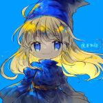  1girl :3 blonde_hair blue_background blue_headwear blue_robe closed_mouth copyright_name cowboy_shot hat long_hair long_sleeves looking_at_viewer lowres madou_monogatari puyopuyo rakuni robe simple_background smile solo straight-on wide_sleeves witch_(puyopuyo) 