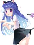  1girl animal_ear_fluff animal_ears black_hairband blue_hair blunt_bangs bow cat_ears cat_tail chestnut_mouth collared_shirt commentary_request fake_animal_ears furude_rika gaou_(babel) hairband higurashi_no_naku_koro_ni leaning_forward long_hair looking_at_viewer looking_to_the_side panties parted_lips paw_pose pink_bow purple_eyes shirt short_sleeves simple_background skirt solo suspender_skirt suspenders tail tail_bow tail_ornament underwear very_long_hair white_background white_panties white_shirt 