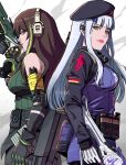  2girls beret blunt_bangs brown_eyes brown_hair call_of_duty call_of_duty:_mobile case clothes_around_waist cosplay dusk_(call_of_duty:_mobile) facial_mark girls&#039;_frontline gloves green_eyes green_hair grey_hair gun hair_ornament hat headphones highres hk416_(girls&#039;_frontline) hk416_(girls&#039;_frontline)_(cosplay) holding holding_weapon jacket jacket_around_waist kestrel_(call_of_duty:_mobile) long_hair long_sleeves looking_at_viewer m4a1_(girls&#039;_frontline) m4a1_(girls&#039;_frontline)_(cosplay) m4a1_(mod3)_(girls&#039;_frontline) multicolored_hair multiple_girls oyenpaws particle_cannon_case rifle streaked_hair weapon 