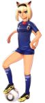  1girl :3 animal_ears animal_nose avatar_(ff11) ball black_hairband blonde_hair blue_eyes blue_shirt blue_socks breasts cat_ears cat_girl cat_tail cleats closed_mouth final_fantasy final_fantasy_xi full_body hair_between_eyes hairband hand_on_own_hip kneehighs long_shirt medium_breasts medium_hair mithra_(ff11) shirt shoes short_hair short_sleeves simple_background smile soccer_ball soccer_uniform socks solo sportswear standing tail tail_raised taisai_soft white_background yellow_footwear 