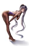 1girl ass bent_over black_hair brown_pantyhose closed_mouth commentary elbow_gloves from_side full_body genshin_impact gloves green_eyes high_heels highres legs leotard long_hair looking_at_viewer mona_(genshin_impact) no_headwear pantyhose purple_leotard solo twintails very_long_hair wonnikon 