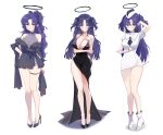 1girl absurdres alternate_costume ark_uniform ash_(cat7evy) black_dress blue_archive blue_eyes breasts commentary_request dress english_commentary full_body halo hand_on_own_hip highres korean_commentary large_breasts long_hair mixe multiple_views necktie off_shoulder open_mouth purple_eyes purple_hair two_side_up white_background yuuka_(blue_archive) 