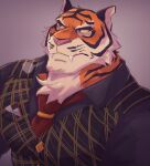  1boy animal_ears bara fangs formal fortnite furry furry_male highres juggermelon large_pectorals looking_to_the_side male_focus mature_male muscular muscular_male neck_fur necktie orange_fur oscar_(fortnite) pectorals short_hair solo thick_eyebrows tiger_boy tiger_ears upper_body 