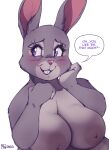  2023 anthro big_breasts blush bonnie_hopps breasts buckteeth dialogue disney doronkomajo ears_up eyelashes female fur half-length_portrait hi_res lagomorph leporid looking_aside looking_away mammal nipples nude open_mouth portrait rabbit signature smile solo speech_bubble teeth text zootopia 