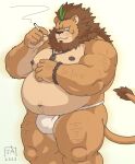  2023 anthro asian_clothing belly big_belly black_nose clothing cute_fangs east_asian_clothing felid fundoshi goyemon_k hi_res humanoid_hands japanese_clothing kemono lion male mammal moobs navel nipples overweight overweight_male pantherine simple_background smoking solo underwear white_clothing white_fundoshi white_underwear 