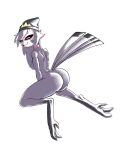  anthro anus avian bird breasts butt clothing female fours_(artist) genitals grey_body hat hat_only headgear headgear_only headwear headwear_only helluva_boss hi_res kneeling looking_at_viewer looking_back looking_back_at_viewer mostly_nude octavia_(helluva_boss) owl owl_demon presenting presenting_hindquarters purple_sclera pussy raised_tail side_boob solo tail talons 