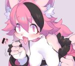  anthro big_breasts black_hair blush breasts clothing domestic_cat fangs felid feline felis fellatio_gesture female flashing flashing_breasts gesture hair handjob_gesture inner_ear_fluff jacket kemono mammal pink_hair purple_eyes rikose short_hair solo suggestive suggestive_gesture teeth topwear tuft 