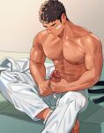  1boy abs bandaid bandaid_on_cheek bandaid_on_face bara dark-skinned_male dark_skin dougi foot_out_of_frame highres large_pectorals light_blush male_focus male_masturbation masturbation muscular muscular_male navel nipples open_fly original pectorals short_hair sideburns solo stomach sweat thick_eyebrows topless_male uncensored youchi123 