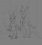  anthro building canid canine canis disney duo ears_up female fox grey_background group hand_holding judy_hopps lagomorph leporid male mammal mouse murid murine necktie nick_wilde public rabbit rodent simple_background sketch smile street tggeko wolf zootopia 