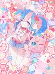  1girl blue_skirt cake cake_slice candy candy_heart cardigan cherry choker clefairy fairy_miku_(project_voltage) flower food fruit hair_flower hair_ornament hatsune_miku heart heart_choker heart_lollipop highres ice_cream jigglypuff konpeitou lollipop long_hair milkshake multicolored_hair one_eye_closed pink_cardigan pixel_heart poke_ball pokemon pokemon_(creature) project_voltage quzie rocking_horse shaped_lollipop skirt star_(symbol) strawberry_shortcake sundae swirl_lollipop twintails two-tone_hair v very_long_hair vocaloid 