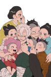  4girls 5boys :o affectionate black_hair black_pants bow-shaped_hair brother_and_sister brothers brown_kimono buzz_cut calling carrying child child_carry closed_eyes demon_slayer_uniform family female_child gohanha118 green_pants grey_hair group_hug hair_bun hair_pulled_back hand_on_another&#039;s_back hand_on_another&#039;s_shoulder hand_up happy highres holding_hands hug japanese_clothes kimetsu_no_yaiba kimono knees_up leg_belt leg_wrap long_sleeves looking_at_another looking_away looking_to_the_side male_child mohawk multiple_boys multiple_girls pants pink_kimono profile purple_eyes red_kimono scar scar_on_arm scar_on_chest scar_on_face scar_on_forehead scar_on_nose shinazugawa_genya shinazugawa_hiroshi shinazugawa_koto shinazugawa_sanemi shinazugawa_shizu shinazugawa_shuya shinazugawa_sumi shinazugawa_teiko short_hair siblings simple_background single_hair_bun sisters sitting sitting_on_lap sitting_on_person updo very_short_hair white_background wide_sleeves yellow_eyes yellow_kimono 