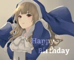  1girl artist_name assault_lily blue_dress blue_headwear bow bowtie brown_background closed_mouth commentary dress floating_hair gloves gradient_background hands_up happy_birthday hotaru_(ultraroly_poly) light_brown_hair long_hair long_sleeves looking_at_viewer nun red_eyes solo toride_suzanne_reika upper_body v-shaped_eyebrows veil wavy_hair white_bow white_bowtie white_gloves wide_sleeves 