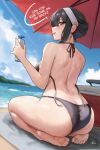 1girl absurdres ass back barefoot beach beach_towel beach_umbrella bikini black_bikini black_hair blue_sky blurry blurry_background bottle breasts cooler earrings english_text from_behind hairband highres holding holding_bottle jewelry large_breasts looking_back lotion_bottle noras ocean open_mouth red_eyes seiza sidelocks sitting sky solo spy_x_family swimsuit towel umbrella untied_bikini wet white_hairband yor_briar 