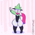  absurd_res anthro bodysuit bovid candyspine caprine clothed clothing deltarune eyewear girly glasses goat hat headgear headwear hi_res latex_legwear male mammal ralsei scarf skimpy skinsuit solo thick_thighs tight_clothing undertale_(series) wide_hips 