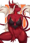  2023 2_tails anthro bottomless breasts chilli_(aomori) clothed clothing collarbone dragon ear_piercing ear_ring eyebrows eyelashes female genitals glistening glistening_body glistening_breasts hair hi_res horn long_hair multi_tail narrowed_eyes orange_eyes piercing pussy red_body ring_piercing solo succubus tail tail_tuft tuft yasmil 