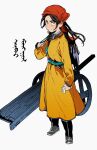  1girl aqua_sash bag bandana braid brown_hair cart grey_eyes highres holding holding_bag holding_paper looking_at_viewer mongolian_clothes mongolian_text nanimonothing original paper red_bandana robe traditional_clothes yellow_robe 