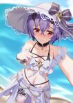  1girl bare_shoulders bikini black_choker blue_sky blurry blurry_background breasts choker cloud collarbone commentary_request day depth_of_field grey_headwear hair_between_eyes hand_up highres iseshi navel outdoors princess_connect! purple_hair reaching reaching_towards_viewer red_eyes selfie shinobu_(princess_connect!) sky small_breasts solo standing swimsuit water white_bikini wrist_cuffs 