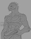  abs absurd_res anthro arm_spikes covering divinity:_original_sin_2 elbow_spikes facial_spikes head_spikes hi_res jaw_spikes leafjuly lizard_(divinity) looking_at_viewer male monochrome muscular muscular_male pupils reptile scalie shoulder_spikes slit_pupils solo spikes spikes_(anatomy) standing the_red_prince waist_up 