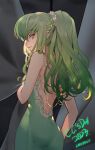  1girl ass breasts c.c. cleavage code_geass creayus dress green_dress green_hair hairband highres long_hair looking_at_viewer night night_sky open_mouth sky star_(sky) watermark window yellow_eyes 