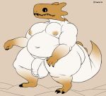  2023 anthro axoarts black_sclera black_teeth caramel_lizard_(rain_world) claws digital_media_(artwork) hi_res lizard_(rain_world) male moobs multicolored_body multicolored_scales navel nipples nude obese obese_anthro obese_male orange_background orange_body orange_nipples orange_scales orange_tail overweight overweight_anthro overweight_male rain_world scales simple_background solo standing tail teeth toe_claws two_tone_body two_tone_scales two_tone_tail white_body white_eyes white_scales white_tail 