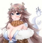  1girl absurdres aqua_eyes blush breasts brown_hair cleavage commentary dated dragon_tail english_commentary fiery_tail fur_trim highres indie_virtual_youtuber large_breasts long_hair mole mole_under_eye natch_imaycz open_mouth signature simple_background solo sugi_aoki tail upper_body virtual_youtuber white_background 