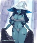 4_arms alternate_version_at_source areola areola_slip big_breasts blue_body blue_eyes blue_skin bra breasts clothing elden_ring female fromsoftware hat headgear headwear holding_breast huge_breasts huge_thighs humanoid looking_at_viewer multi_arm multi_limb navel one_eye_closed panties patreon ranni_the_witch robe rtil scar solo standing teeth text thick_thighs underwear url watermark wide_hips witch_hat 