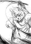  absurd_res anthro asakura_kento bodily_fluids canid canine canis domestic_dog eyebrows fight hi_res katana lifewonders line_art male mammal melee_weapon moritaka motion_lines scar solo sweat sword thick_eyebrows tokyo_afterschool_summoners weapon 