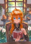  1girl artist_name blue_eyes book chair choker closed_mouth day english_text flower hanging_plant highres holding holding_book indoors light long_hair long_sleeves nagi_itsuki orange_hair original plant pointy_ears potted_plant reading sitting smile solo table twintails upper_body white_flower window 