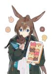  1girl amiya_(arknights) animal-themed_food animal_ears arknights ascot black_ascot black_jacket blue_eyes box brown_hair clothes_writing dal-gi doughnut food hair_between_eyes highres holding holding_box holding_food jacket jewelry long_hair long_sleeves looking_at_viewer multiple_rings open_clothes open_jacket pastry_box ponytail rabbit_ears rabbit_girl ring shirt simple_background smile solo thumb_ring upper_body very_long_hair white_background white_shirt 