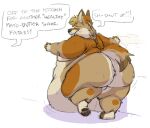 2021 anthro belly_overhang big_butt black_nose blush bodily_fluids butt canid canine canis chubby_cheeks coyote dialogue english_text eyes_closed fur male mammal nonbinary_(lore) obese obese_anthro obese_male overweight overweight_anthro overweight_male paws rain_(vanillayote) solo sweat tan_body tan_fur text vanillayote walking 