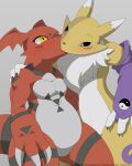  3_fingers arms_around_partner bandai_namco belly blue_eyes blush canid canine claws digimon digimon_(species) duo eye_contact featureless_crotch fingers fox fur guilmon hi_res kissing looking_at_another mammal markings red_body red_skin renamon tail white_belly white_body white_fur winick-lim yellow_body yellow_eyes 