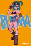  1girl bikini bikini_top_only black_bikini blue_eyes blue_hair blue_shorts boots breasts bright_pupils brown_footwear brown_gloves bulma character_name cleavage closed_mouth dragon_ball dragon_ball_(classic) dragon_ball_(object) eyewear_on_head full_body gloves highres medium_breasts navel one_side_up orb red-framed_eyewear sashimi_(adam026) short_hair shorts simple_background single_glove smile socks solo star_(symbol) sunglasses swimsuit twitter_username white_background white_socks yellow_background 